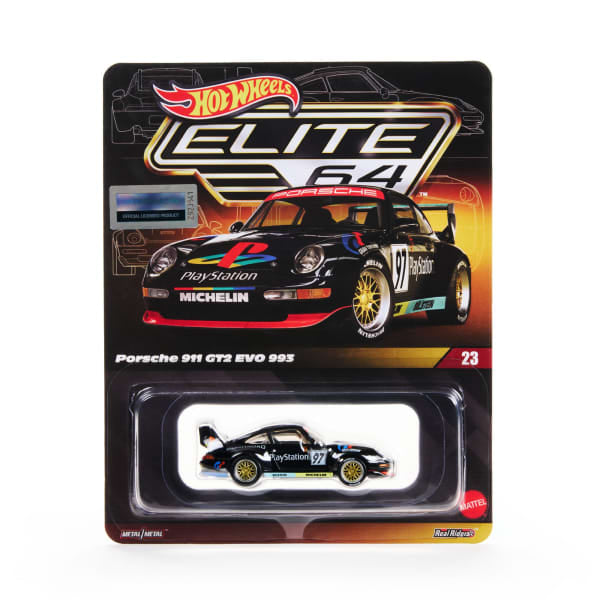 Hot Wheels Elite 64: 1997 Porsche 911 GT2 EVO (993) — PlayStation Motorsport Livery (1:64 Scale)
