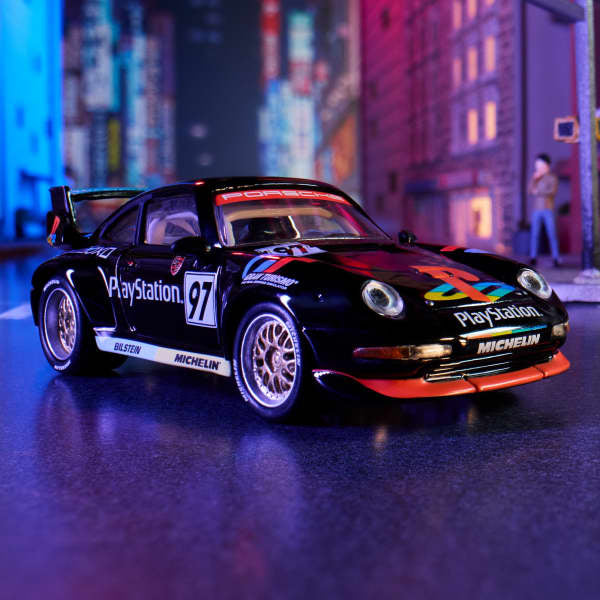 Hot Wheels Elite 64: 1997 Porsche 911 GT2 EVO (993) — PlayStation Motorsport Livery (1:64 Scale)